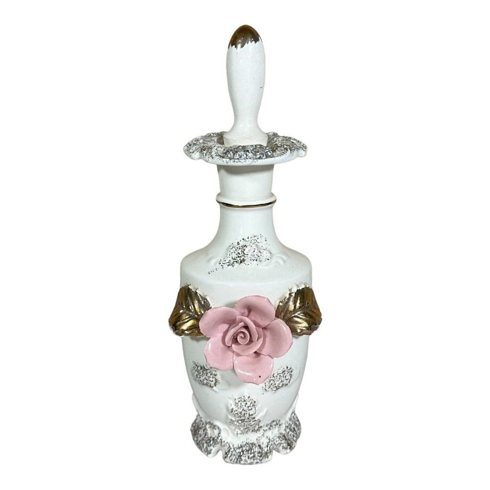 Tilso Japan Porcelain Perfume Bottle + Stopper 3D Applied Roses 8" Embossed VTG‎